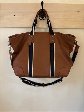 Coach Brown Leather Duffel with Navy and Cream Straps